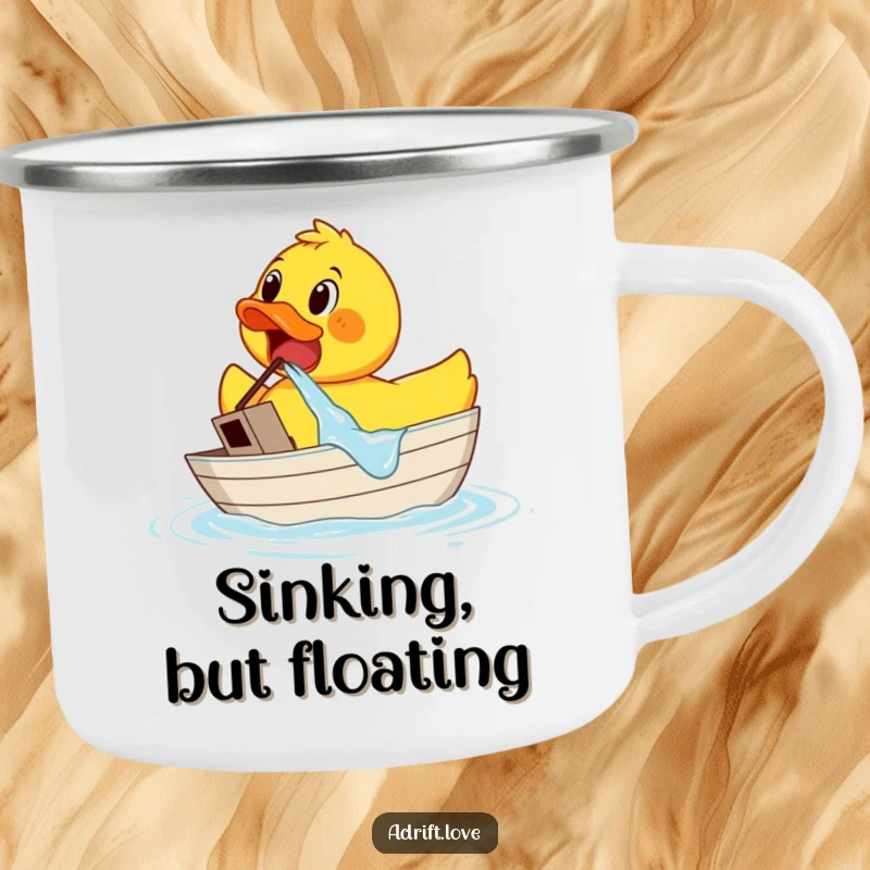 Funny surprised rubber duck bailing water from a tiny sinking boat, designed for outdoor humor.
