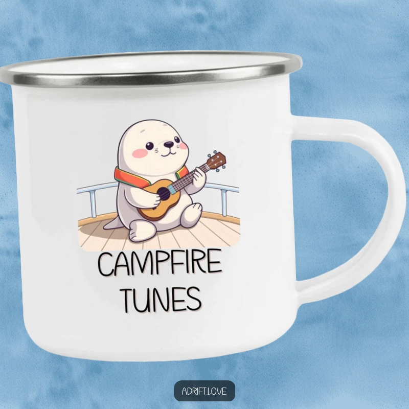 Funny chubby seal playing a ukulele on a boat deck, designed for outdoor humor.