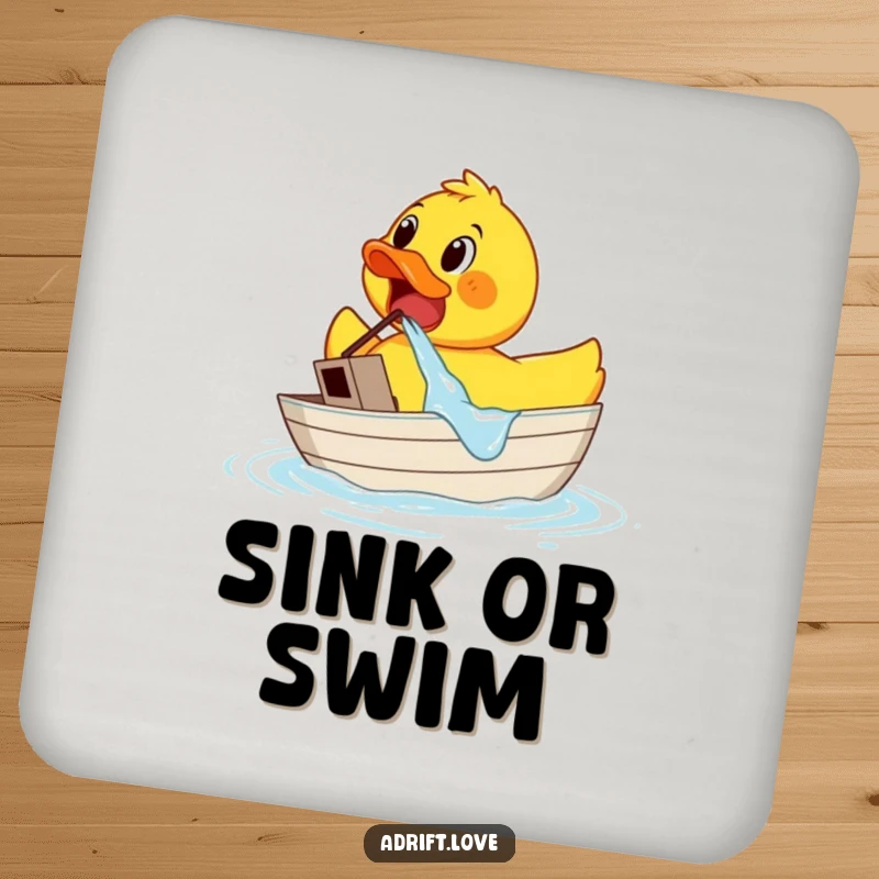 Funny surprised rubber duck bailing water from a tiny sinking boat, a humorous coaster design.