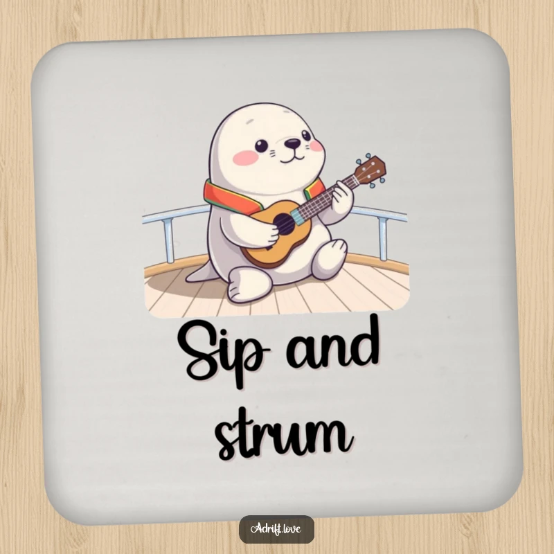 Funny chubby seal playing a ukulele on a boat deck, a humorous coaster design.