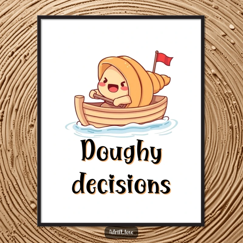 Funny startled croissant using dough to paddle a tiny boat, a comical and charming breakfast-themed art print.