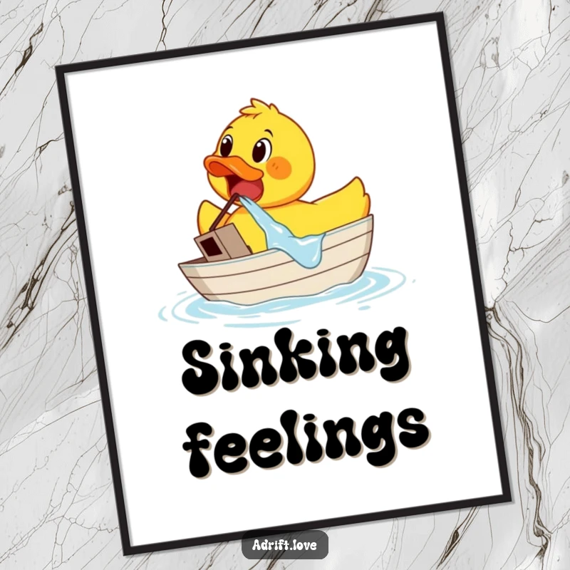 Funny surprised rubber duck frantically bailing water from a tiny sinking boat, a comical depiction of maritime disaster.