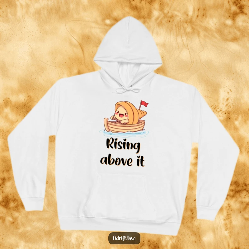 Funny startled croissant rowing a small boat with a blob of dough, looking determined and slightly panicked.