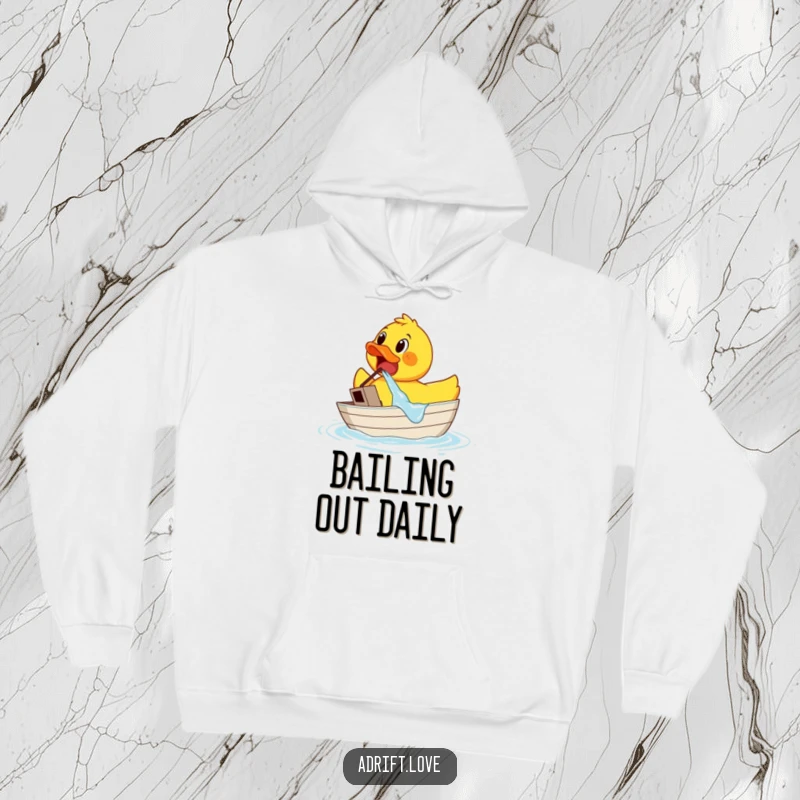 Funny rubber duck wearing a life vest, bailing water from a comically tiny sinking boat, full of panic.