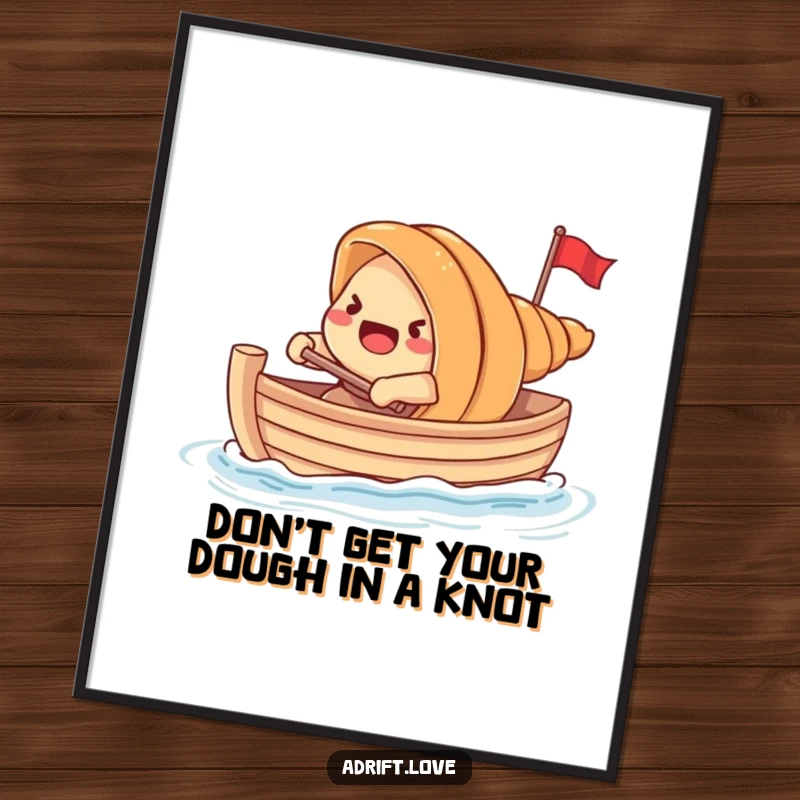 Funny Free Printable Wall Art: A startled croissant rowing a tiny boat with its own dough, whimsical and humorous. Downloadable art.