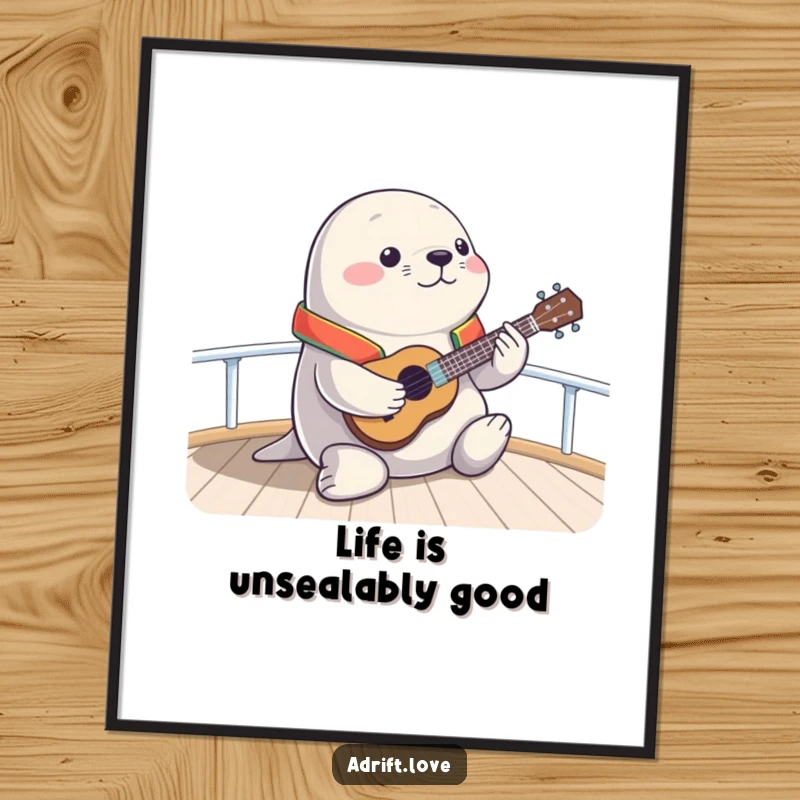 Funny Free Printable Wall Art: A chubby seal in a life vest joyfully playing ukulele on a boat deck. Whimsical decor. Downloadable.