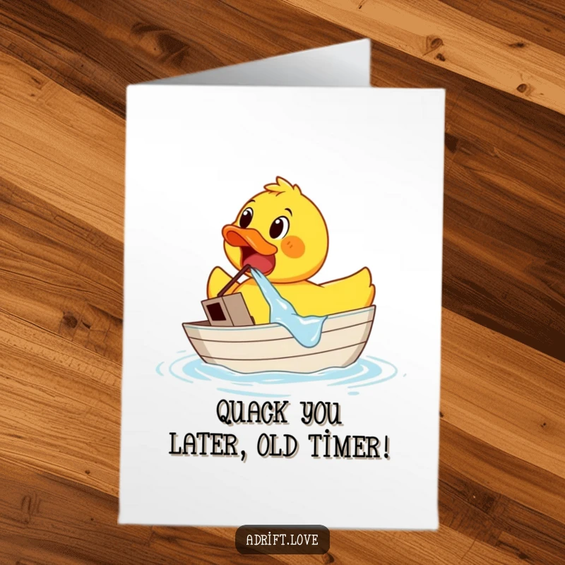 Funny Free Printable Birthday Card: Rubber duck frantically bailing water from a tiny sinking boat, looking shocked. Hilarious DIY card.