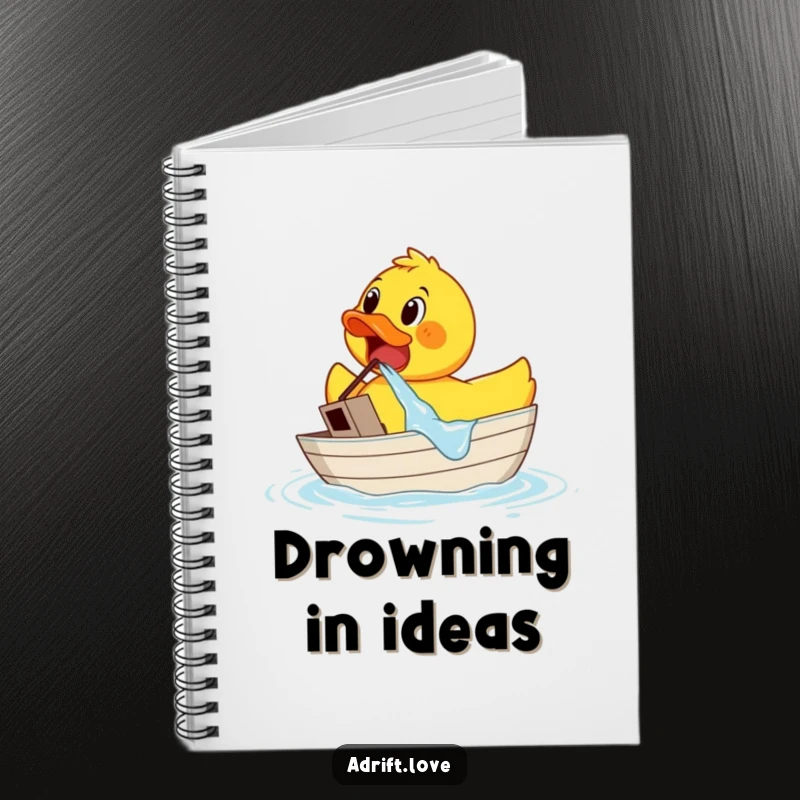 Funny rubber duck bailing water from a tiny sinking boat, perfect for jotting notes with humor.