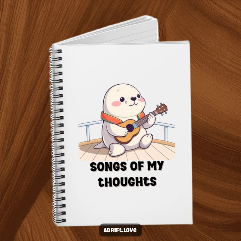 Funny chubby seal playing a ukulele on a boat deck, perfect for jotting notes with humor.