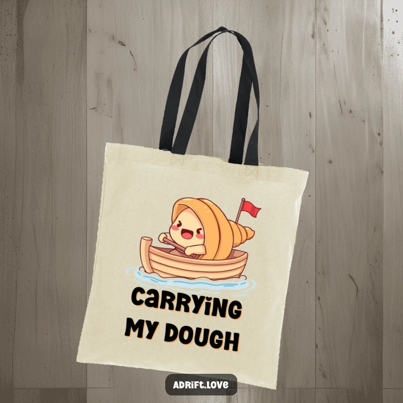 Funny startled croissant rowing a tiny boat with its own dough, a humorous tote bag design.