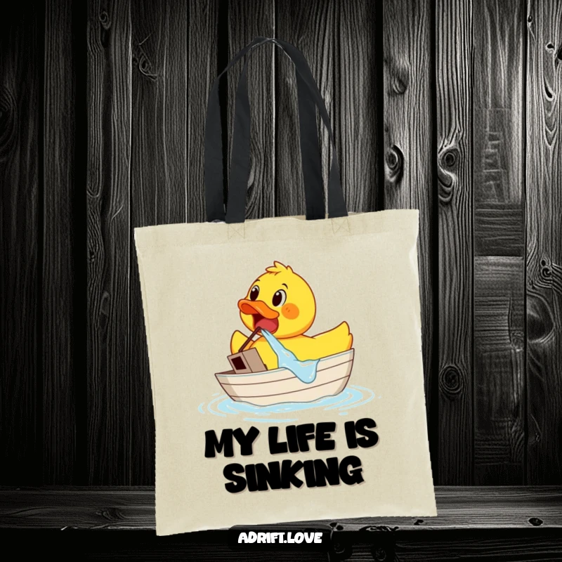 Funny surprised rubber duck dramatically bailing water from its very small sinking boat, looking panicked and overwhelmed.