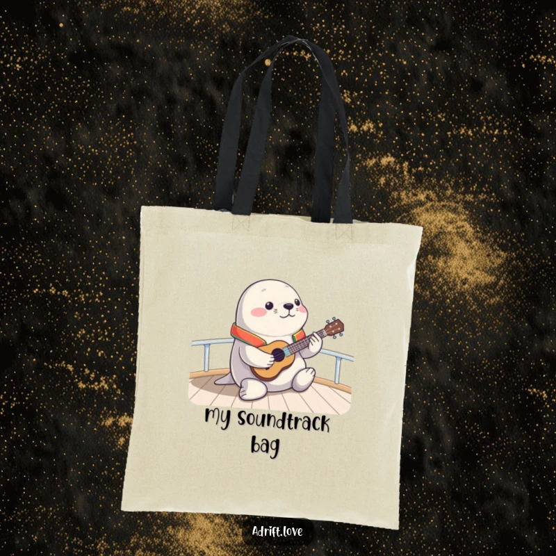 Funny chubby seal in a life vest playing a ukulele on a boat deck, a humorous tote bag design.